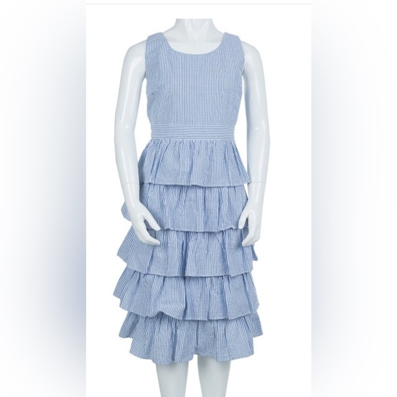 Ralph Lauren Blue and WhiteStriped Seersucker SleevelessTiered Dress Size 12